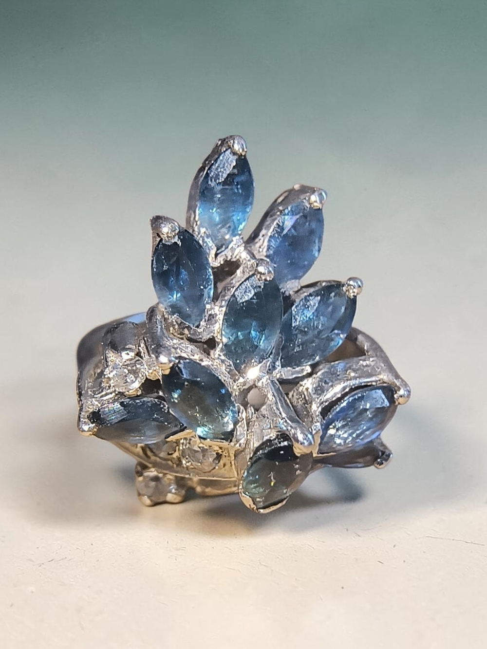 Blue Sapphire And Clear Gemstone Marquise Cluster Ring In Sterling Silver